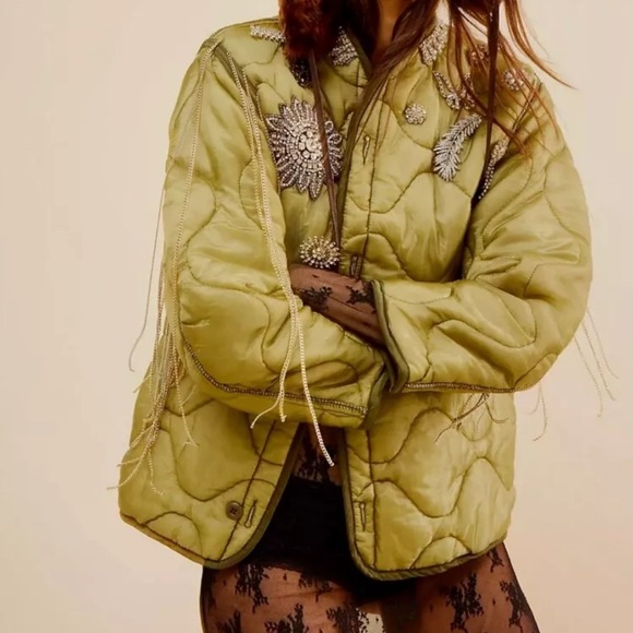 Free People X Tricia Fix Broached Liner Jacket Upcycled Reworked Olive - Picture 4 of 8